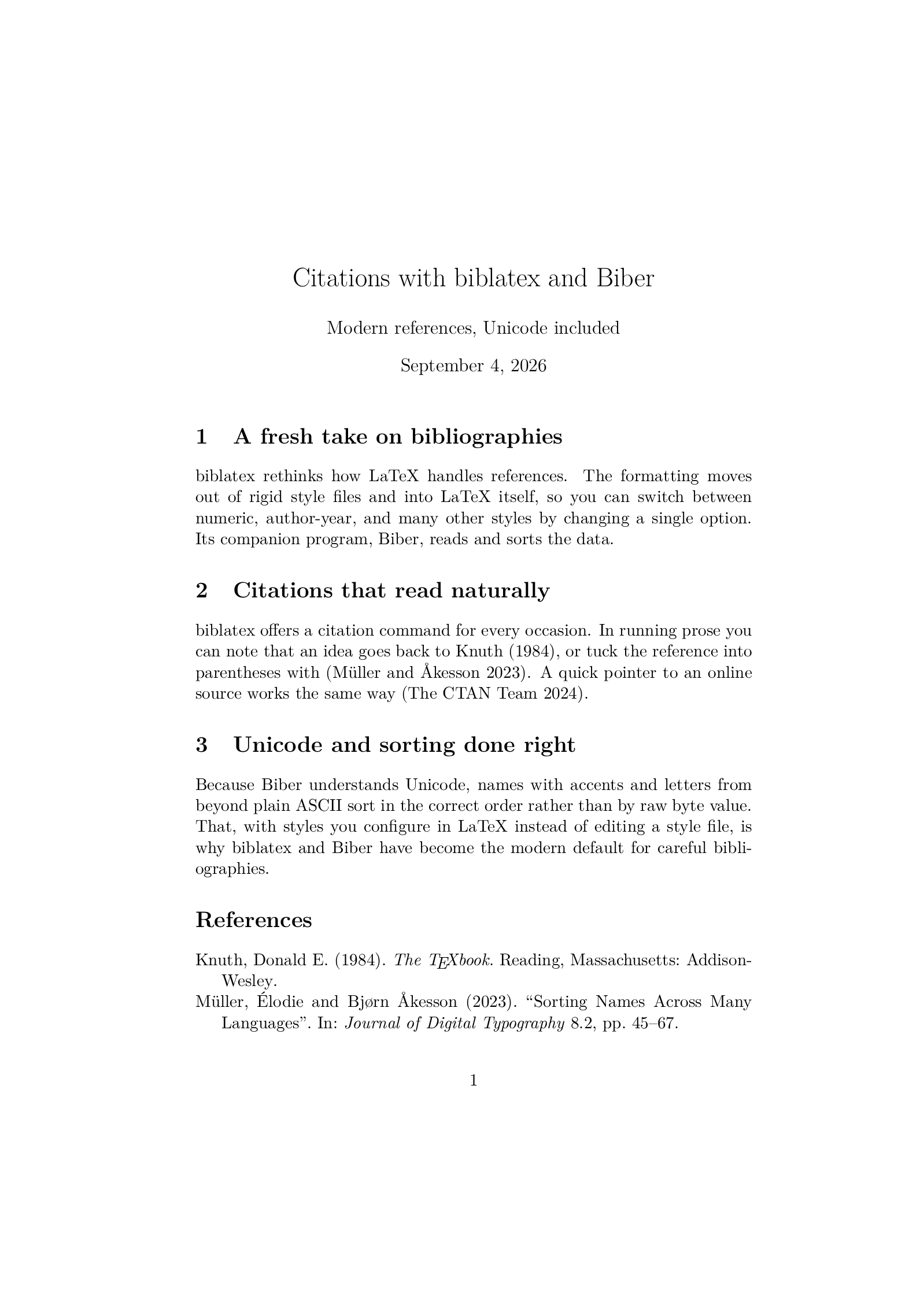 First page of the biblatex (Biber) example, compiled with biblatex (Biber)