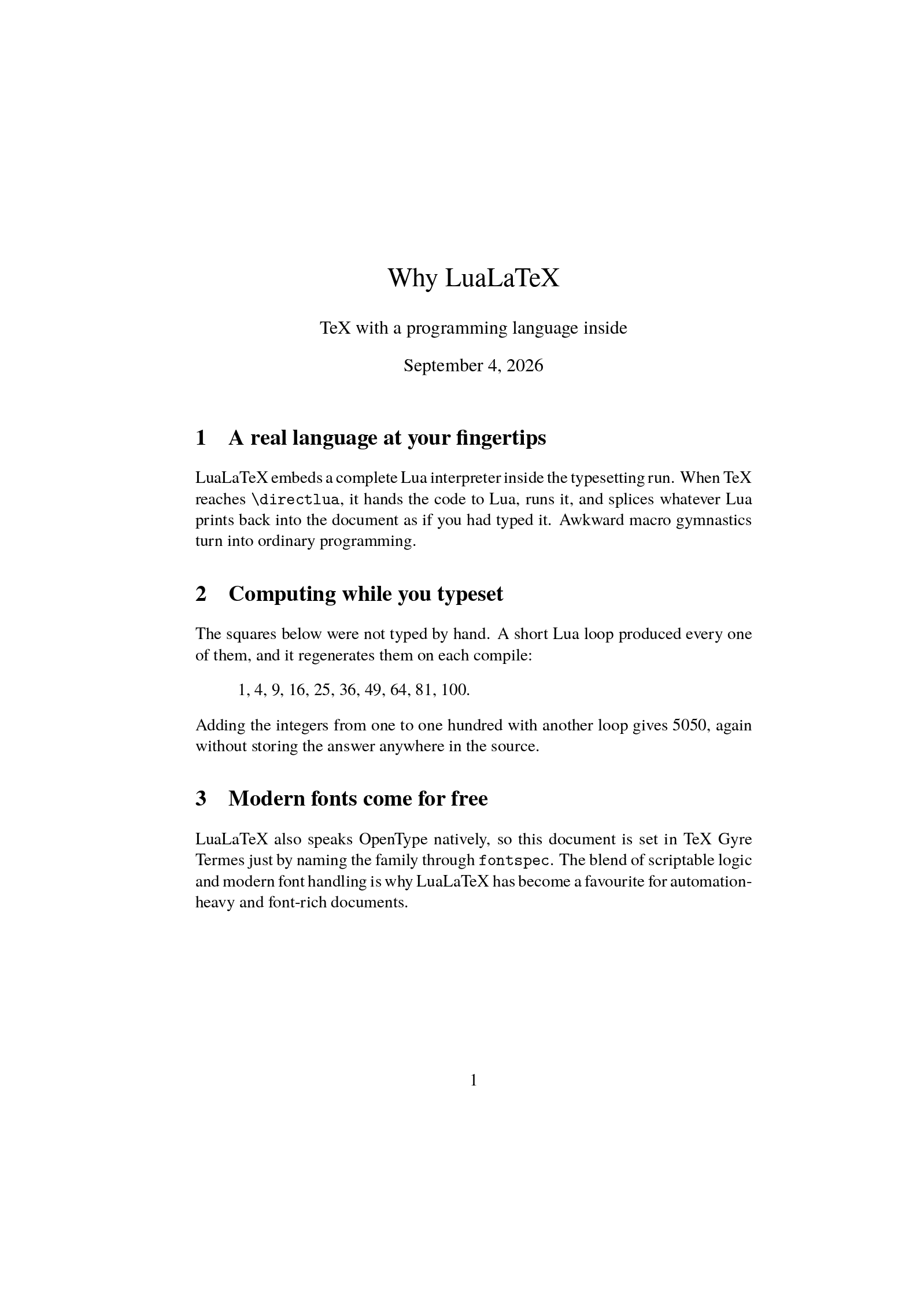 First page of the LuaLaTeX example, compiled with LuaLaTeX