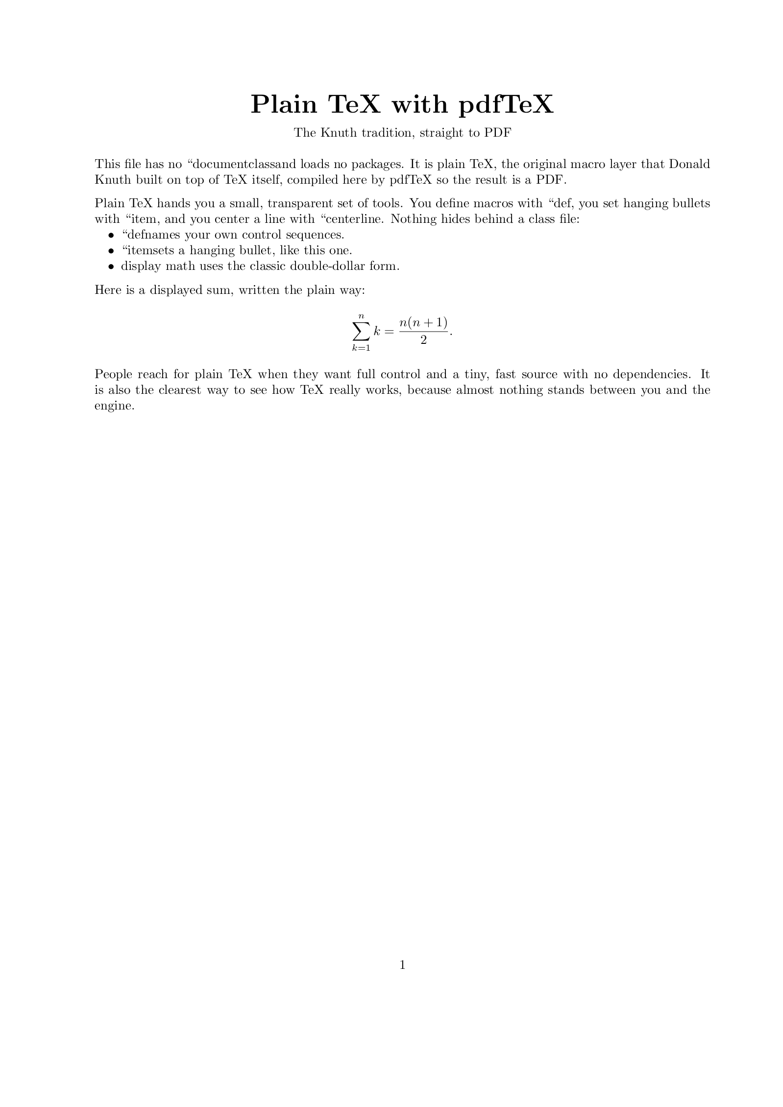 First page of the pdfTeX example, compiled with pdfTeX