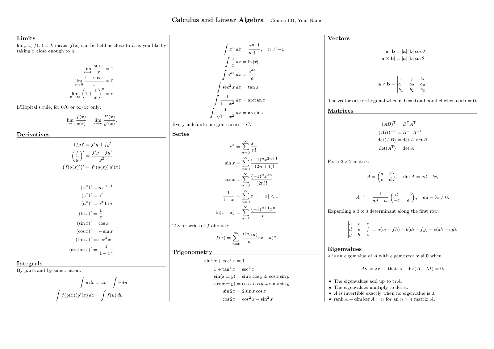 First page of the Cheat sheet template