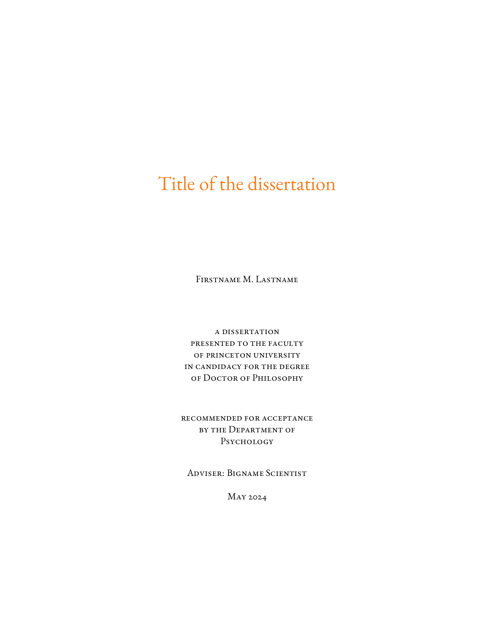 First page of the Dissertate template, Princeton version