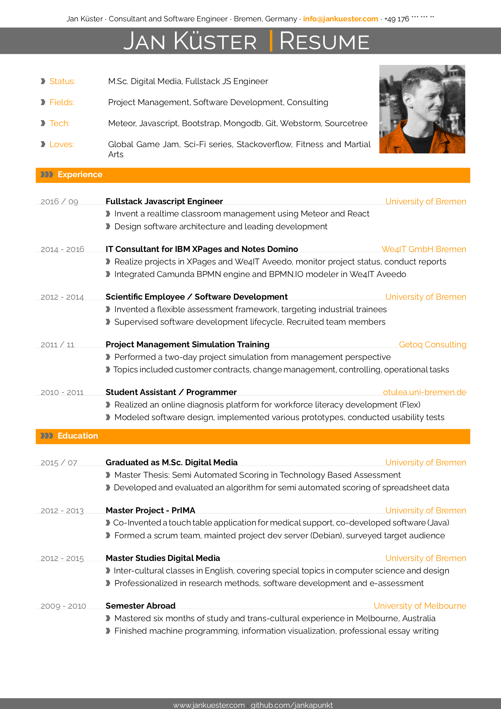 First page of the latexcv template, Modern version