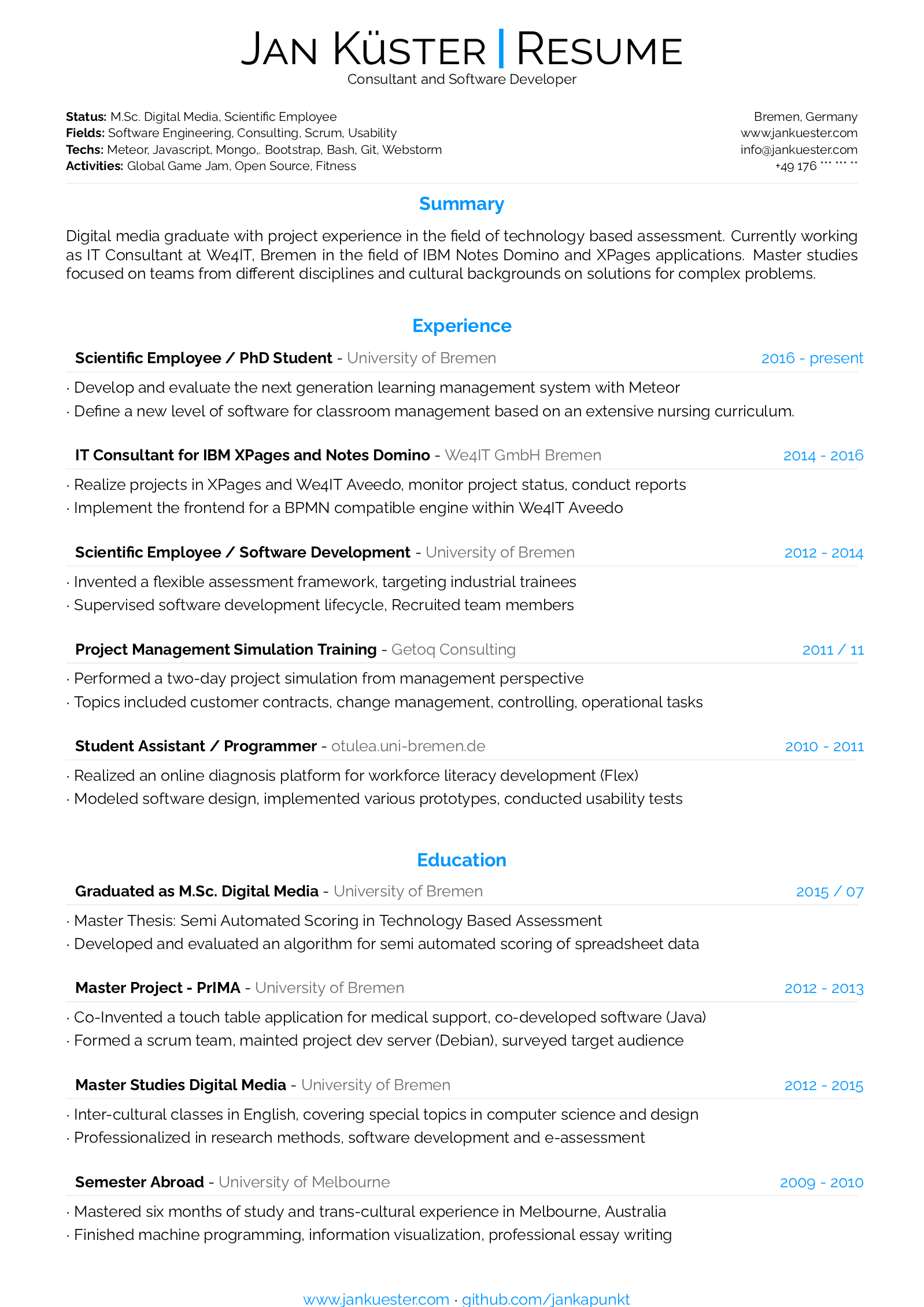 First page of the latexcv template, Classic version